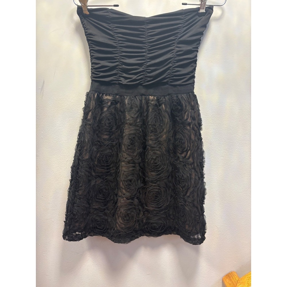Aqua Small Black Strapless Ruched Top Floral Rosette Skirt Dress Polyester